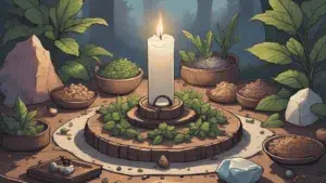 Safe Travel Spell for Journey Protection: Safe Travel Spell setup with candle, charm, and protective herbs on an altar