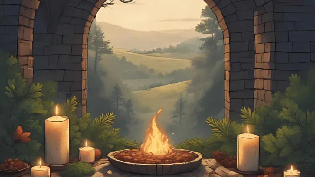 Cosy winter solstice altar with evergreens, candles and herbs, Pendle Hill silhouette behind, soft golden light — magical Yule in Lancashire atmosphere.