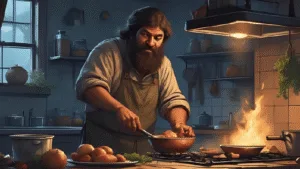 Warm rustic cottage kitchen at night; bearded, grumpy-but-loving kitchen witch cooking at the hob; candles glowing; herbs hanging; gentle winter magic in the air. Cosy Kitchen Witch Spells