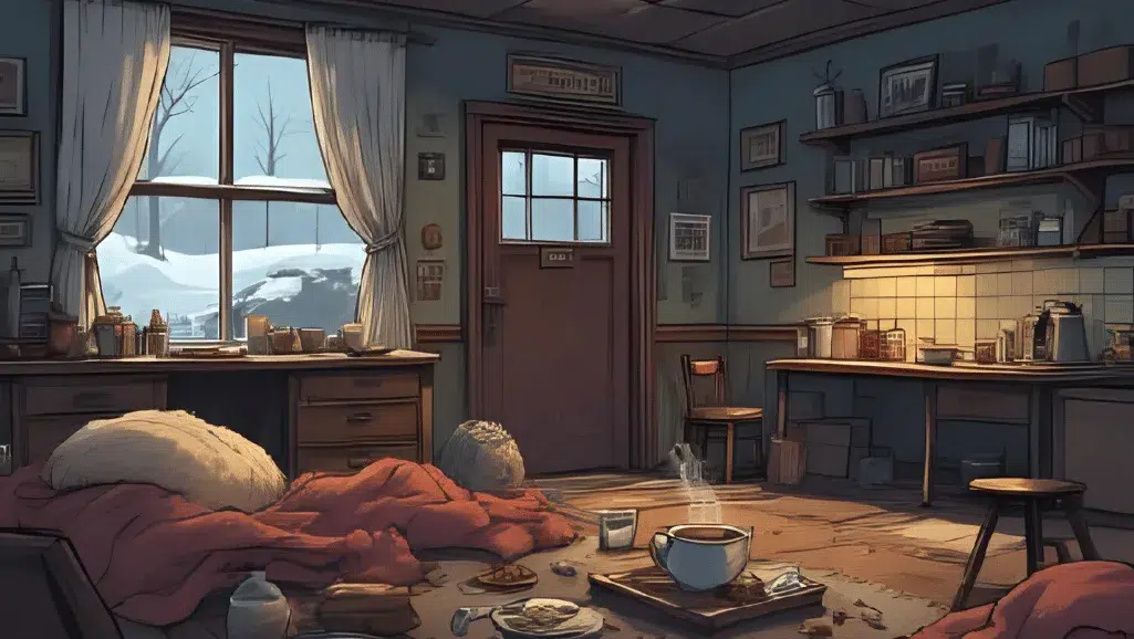 A cosy witch’s cottage in winter, dim candlelight, blankets, herbal tea steaming, a grumpy but loving kitchen witch in the background, snow outside, peaceful restful atmosphere.