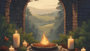 Cosy winter solstice altar with evergreens, candles and herbs, Pendle Hill silhouette behind, soft golden light — magical Yule in Lancashire atmosphere.