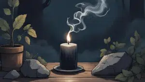 Banishing Shadows Spell: Black candle burning beside sage and protective crystals during a Banishing Shadows Spell