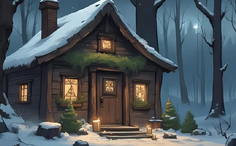 Cosy witchy cottage at night, candles and evergreens on an altar, protective symbols on the door, snow outside the window – Winter Protection Magic scene.