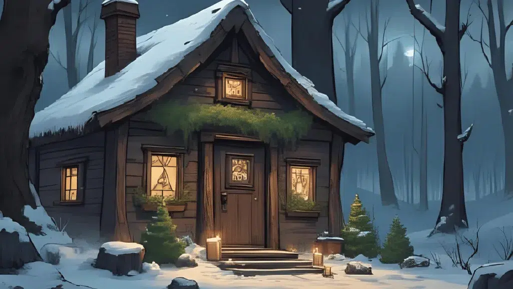 Cosy witchy cottage at night, candles and evergreens on an altar, protective symbols on the door, snow outside the window – Winter Protection Magic scene.