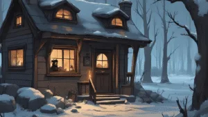 Cosy witch’s cottage on New Year’s Eve, candles glowing, soft fairy lights, a witch at the window with a candle and mug of tea, subtle protective wards around the door, peaceful winter night outside. Peace And Protection Rituals