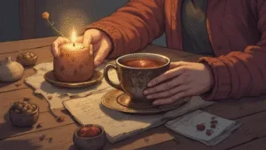 Self-Love Magic for Real People, cosy winter witchcraft scene with candlelight, mug of tea, soft shadows, earthy tones, gentle and reassuring mood
