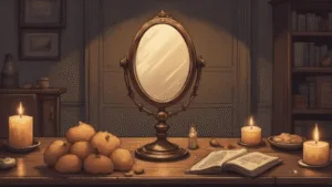A Simple Glamour Spell for Confidence and Radiance, soft candlelight, mirror on wooden table, warm earthy tones, calm and grounded witchcraft aesthetic