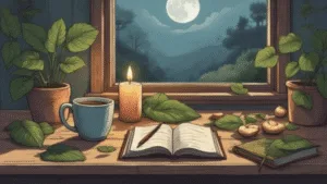 witchcraft practice - A calm, earthy flat-lay scene showing a beginner witch’s simple setup: a candle, mug of tea, notebook, leaves, and moonlight through a window. Natural tones, soft light, grounded and welcoming atmosphere, modern green witch aesthetic, no dramatic fantasy.
