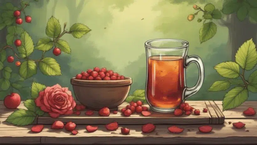 Herbal Support for the Heart, rose petals and hawthorn berries on wooden table, herbal tea, soft natural light, earthy green witch aesthetic