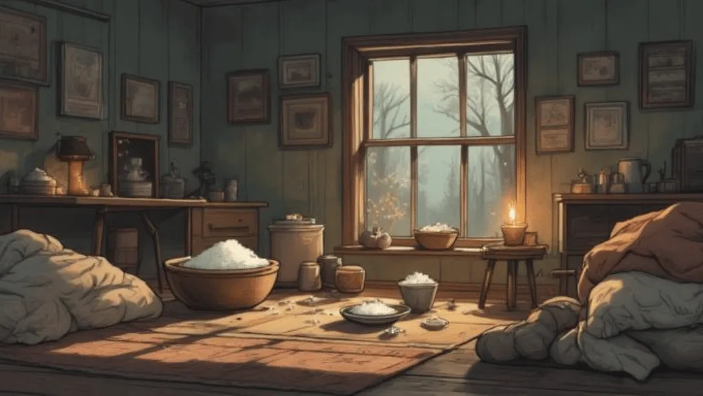 Cleansing After the Holidays: Simple Space Reset Rituals. A calm, winter home interior with soft candlelight, a bowl of water and salt, folded blankets, and daylight through a window. Minimal, cosy, post-holiday atmosphere, earthy tones, peaceful and grounded, modern green witch aesthetic.