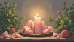 Love Without Pressure, soft candlelight with rose quartz and greenery, calm neutral tones, reflective mood, grounded relationship witchcraft aesthetic