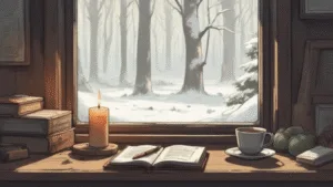 Setting Witchy Goals for the Year Ahead: A calm winter altar scene with a candle, journal, pen, and a cup of tea by a window. Soft daylight, earthy tones, reflective mood, minimal and grounded, modern green witch aesthetic, no dramatic fantasy.