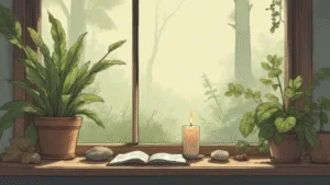 Altar Basics: A small, simple altar set on a windowsill or shelf with a candle, plant, stone, and notebook. Soft natural light, calm and welcoming mood, earthy tones, minimal and realistic, modern green witch aesthetic suitable for beginners.