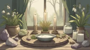 Imbolc Correspondences: Purity, Light, and Rebirth. A softly lit Imbolc altar scene celebrating purity, light, and rebirth. White and green candles glowing gently, a Brigid’s cross made from straw, a small bowl of milk, snowdrops in a simple jar, and natural crystals like clear quartz and amethyst. Early spring light filtering through a window, earthy textures, neutral tones, calm and hopeful atmosphere. Subtle magic, grounded and traditional, modern green witch aesthetic, realistic and peaceful.