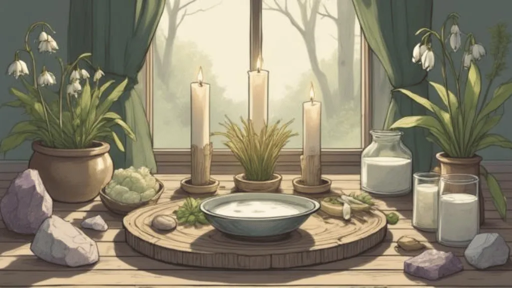 Imbolc Correspondences: Purity, Light, and Rebirth. A softly lit Imbolc altar scene celebrating purity, light, and rebirth. White and green candles glowing gently, a Brigid’s cross made from straw, a small bowl of milk, snowdrops in a simple jar, and natural crystals like clear quartz and amethyst. Early spring light filtering through a window, earthy textures, neutral tones, calm and hopeful atmosphere. Subtle magic, grounded and traditional, modern green witch aesthetic, realistic and peaceful.