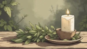 what is sage used for in witchcraft - A softly styled witchcraft scene featuring dried sage leaves beside a white candle and a small ceramic bowl, natural daylight, earthy colours, minimal altar setup, calm and respectful atmosphere, grounded and beginner-friendly.