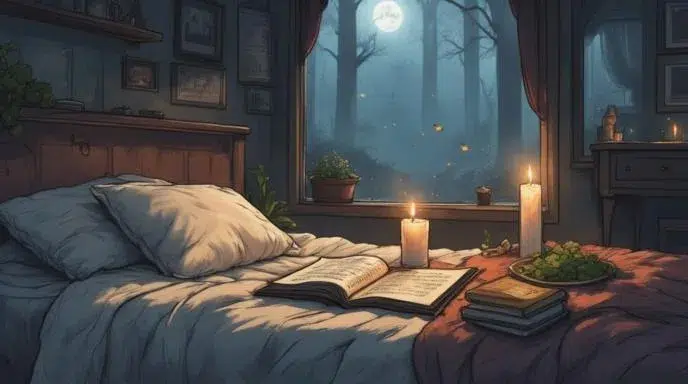 Truth-Revealing Dream Spell, candlelit bedside altar, journal, herbs, moonlight, soft shadows, calm witchcraft aesthetic, dreamy atmosphere