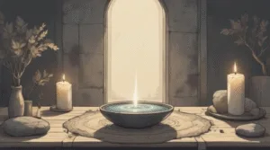Justice Without Conflict Ritual, white candle, bowl of water, stone for balance, calm witchcraft altar, soft neutral tones, peaceful atmosphere