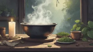 Fog-Lifting Spell for Mental Confusion, white candle, steaming bowl, herbal tea, soft light, calm witchcraft altar, peaceful atmosphere