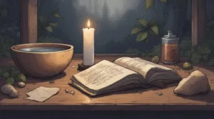 Clarity Spell for Ending a Situation, white candle, bowl of water, folded paper, soft natural light, calm witchcraft altar, peaceful mood