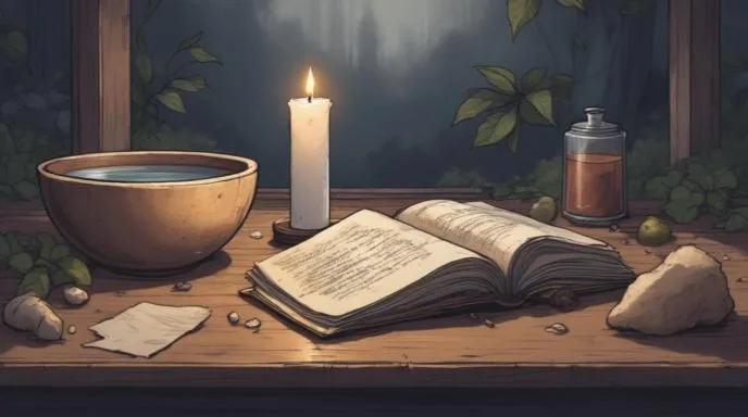 Clarity Spell for Ending a Situation, white candle, bowl of water, folded paper, soft natural light, calm witchcraft altar, peaceful mood