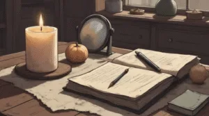 Truth-to-Self Spell, candle and small mirror, journal and pen, soft neutral tones, calm witchcraft altar, reflective atmosphere